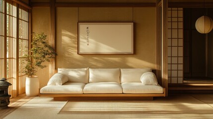 Japandi-style living room with sofa and wall frame
