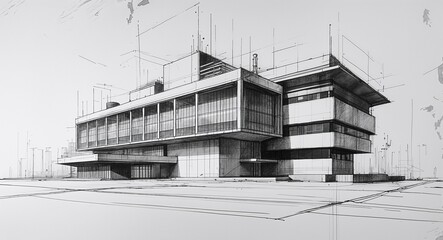 Futuristic science research facility building design in sketch hand drawing black and white on plain white background