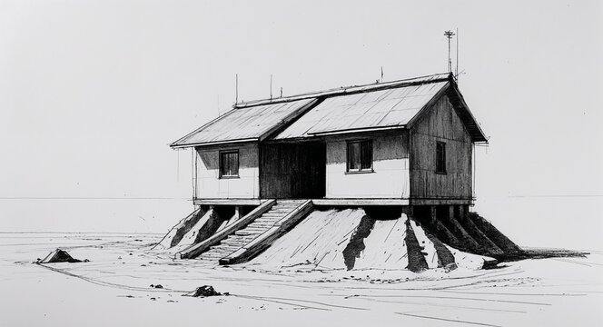 Giant sandworm burrow house building design in sketch hand drawing black and white on plain white background