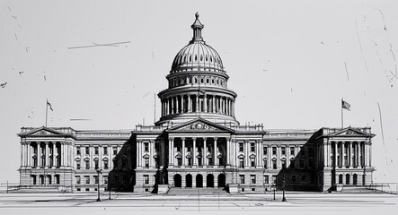 Fototapeta premium Grand government capitol building design in sketch hand drawing black and white on plain white background
