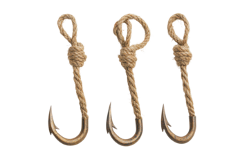 Set of fishing hooks tied with rope perfect for baiting gear visuals or marine themed designs