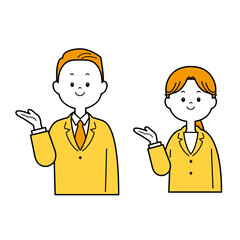 案内するスーツを着た男女