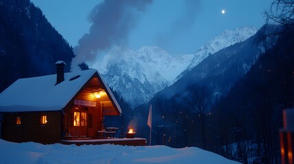 Cozy Wooden Cabin in Snowy Mountains at Night Illuminated with Warm Lights