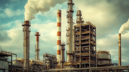 Obraz premium industrial view of an oil refinery plant in an industry zone, towering smokestacks and pipelines under a cloudy sky