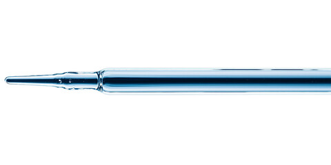 A slender glass pipette with a tapered tip used for precise liquid measurement and transfer.