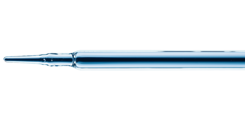 A slender glass pipette with a tapered tip used for precise liquid measurement and transfer.