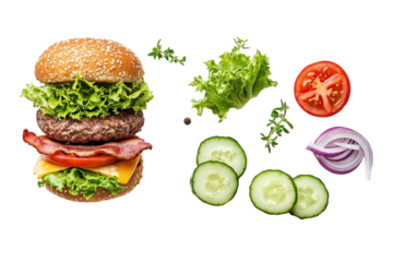 Burger layers float separately to emphasize fresh ingredients and vibrant appeal for menu or branding