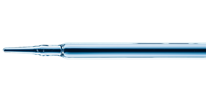 A slender glass pipette with a tapered tip used for precise liquid measurement and transfer.