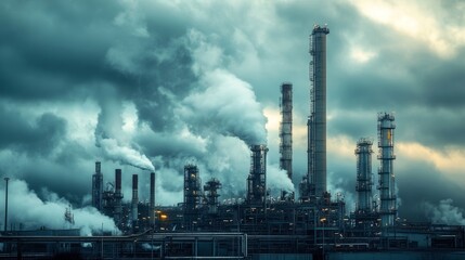 Obraz premium industrial view of an oil refinery plant in an industry zone, towering smokestacks and pipelines under a cloudy sky
