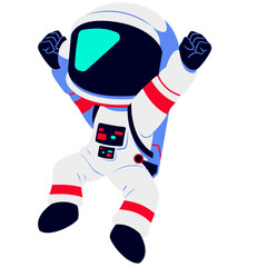 A cartoon astronaut in a white spacesuit with red and blue accents, raising both fists excitedly. The black visor with teal reflection adds a futuristic touch, symbolizing energy and enthusiasm.