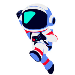 wearing a white suit with red accents and a dark visor, symbolizing weightlessness and futuristic space exploration.
