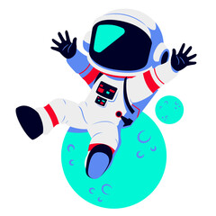 A cartoon astronaut sitting on a cratered blue planet, floating in space with arms raised playfully. The white suit and red accents add a futuristic touch of cosmic adventure.