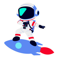 A cartoon astronaut riding a blue rocket with a red flame, symbolizing speed and adventure. The white spacesuit with red accents and dark visor adds a futuristic touch.