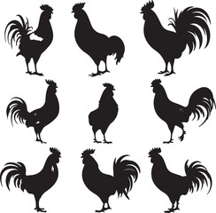 Rooster Silhouette Vector Art: Black and White Chicken Illustrations, Farm Animal Graphics, Poultry Design Elements for Print and Digital Projects