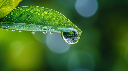 large water drop on a green plant leaf, reflecting the surrounding spring environment, raindrops in the background