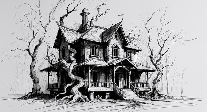 Twisted haunted forest house building design in sketch hand drawing black and white on plain white background