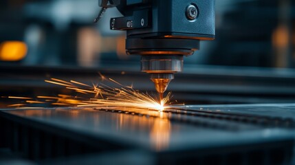 laser CNC machine cutting metal in a modern factory, light sparks flying