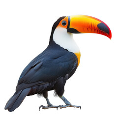 Fototapeta premium Vibrant toucan bird standing on a Transparent background showcasing its colorful beak and sleek black feathers, Toucan Bird Isolated on PNG background