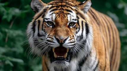 Fototapeta premium Close-up of a fierce tiger roaring amidst lush green foliage in a natural habitat