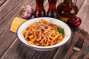 Italian pasta bolognese with beef minced meat