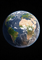 A view of Earth from space, showing continents and oceans with a dark starry background.