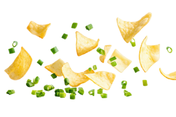 Golden chips and green toppings fall together showing texture and taste in vibrant snack design elements