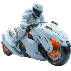 Futuristic motorcycle rider concept art white sleek design vehicle render on transparent background