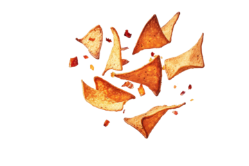 Flying Mexican nachos chips soaring through the air with vibrant flavors and crunchy delight