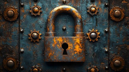 Rusty steampunk inspired padlock on textured metal surface