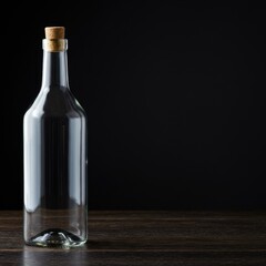 Empty Glass Bottle with Cork Stopper on Dark Wooden Surface: Minimalist Product Photography
