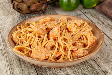 Pasta spaghetti with prawn and cream