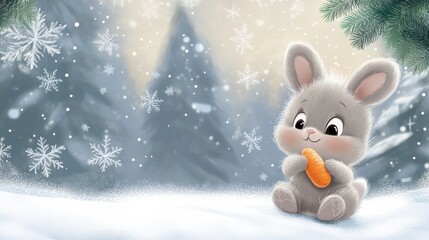 Fototapeta premium Cartoon Gray Bunny in Winter Snow Holding Tiny Carrot.