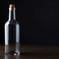 Empty Glass Bottle with Cork Stopper on Dark Wooden Surface: A Minimalist Still Life Photography