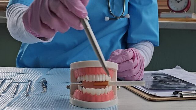 Doctor holds cigarette and fake jaw warning about harmful effects of smoking on teeth slow motion. Dentist puts cigarette into jaw model