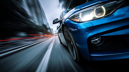 Fototapeta premium Dynamic close-up of a blue car speeding through a city street with blurred background