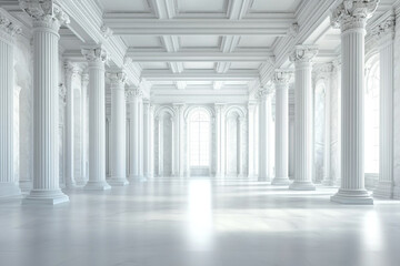 Grand White Hallway Classic Columns Marble Floor Bright Sunlight