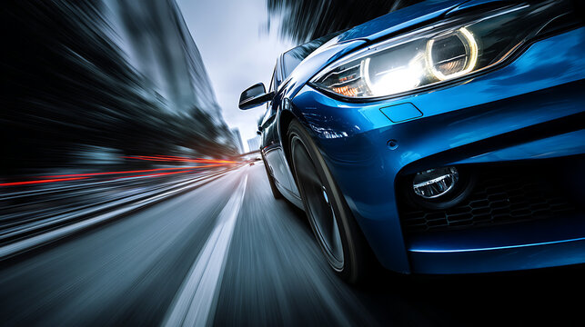 Dynamic close-up of a blue car speeding through a city street with blurred background