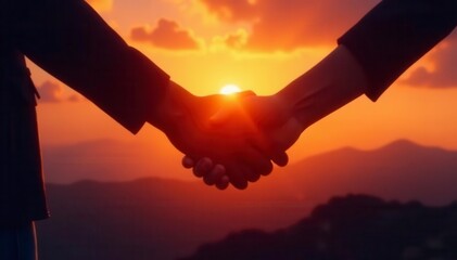 Fototapeta premium Sunset silhouettes of two hands clasped together atop a contract, prosperity, collaboration, contract