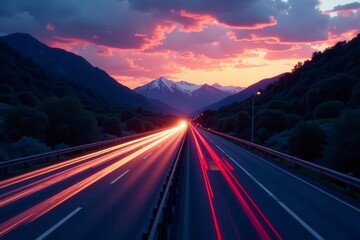 Twilight highway, speeding cars blurred, mountain backdrop, streak, bokeh