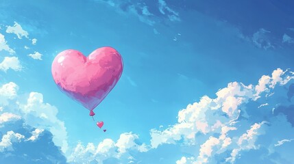 Obraz premium Heart-shaped balloon floating in a blue sky with clouds, symbolizing love and romance