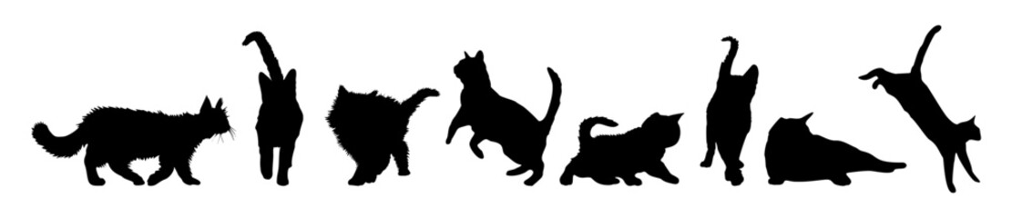 Set of black cat silhouettes in various poses. Scene is playful and whimsical, as the cats appear to be engaged in different activities such as playing, stretching. Flat vector illustration isolated