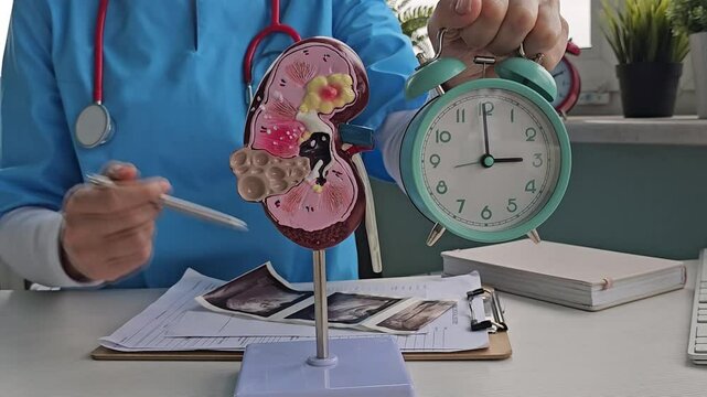 Medical professional explains kidney function using a model and visual aids in a clinical setting