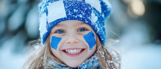 Closeup portrait smiling child with finland flag face paint celebrating finland independence day. Happy finland girl on winter nature landscape background