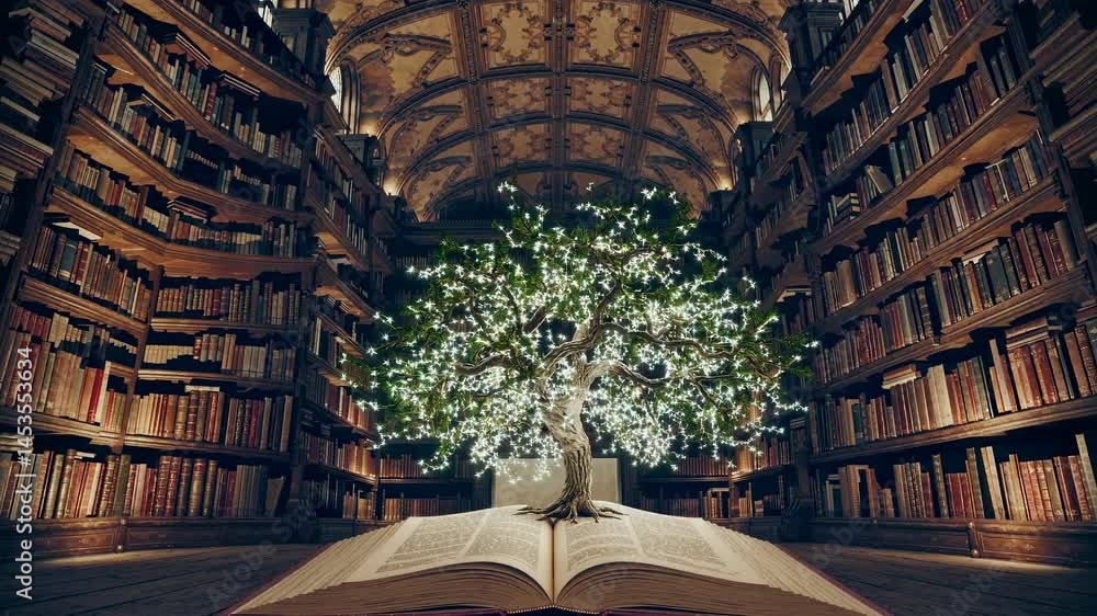 Poster a magical library scene with a glowing tree growing from an open book. captured from a low angle, re