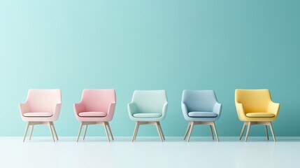 Obraz premium pastel-colored chairs arranged in a row against a light teal background, representing minimalist Scandinavian decor