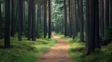 Fototapeta premium Path Through Majestic Pine Woodland: Towering Evergreens and the Scent of Pine Needles in a Serene Backdrop
