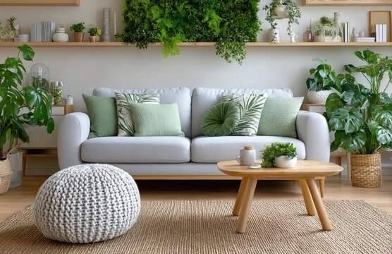 A green living room with white walls, plants, and a grey sofa with pillows. A green vertical garden adorns the wall