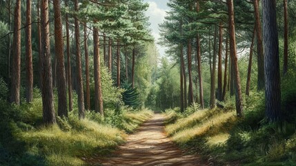 Fototapeta premium Path Through Majestic Pine Woodland: Towering Evergreens and the Scent of Pine Needles in a Serene Backdrop