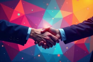 Two hands shaking, vibrant geometric backdrop, geometric, finance