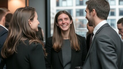 photo of two women and one man in their late thirties, dressed in professional attire, smiling and engaging in a lively conversation at an office event